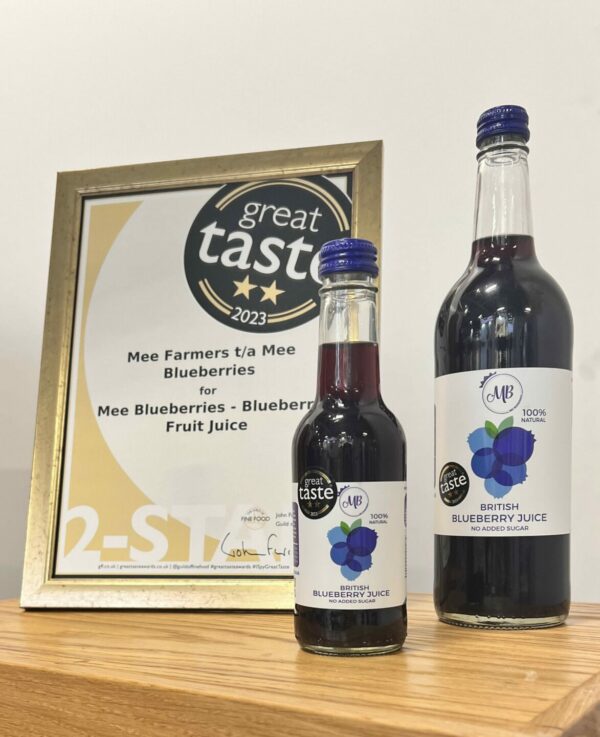 100% British Blueberry Juice with Great Taste Award 2023 Certificate