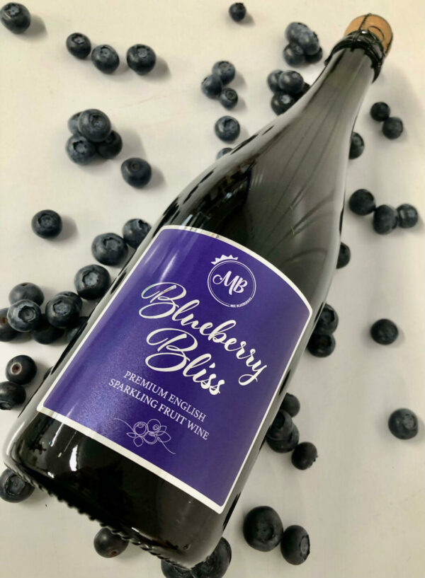 Close up photo of blueberry bliss sparkling wine with blueberries.